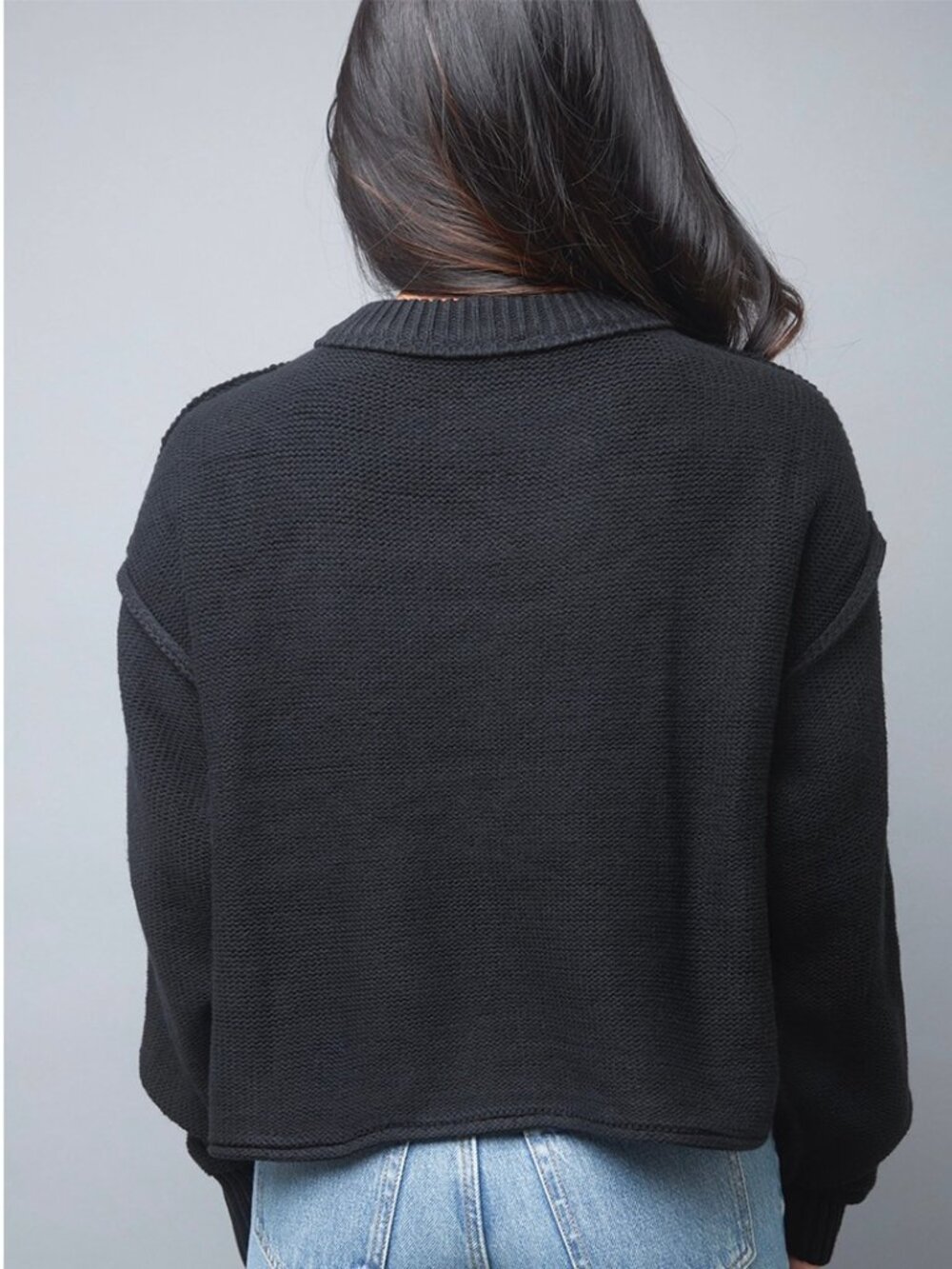 Black Crew Neck Semi Crop Knit Sweater - Picture 5 of 5
